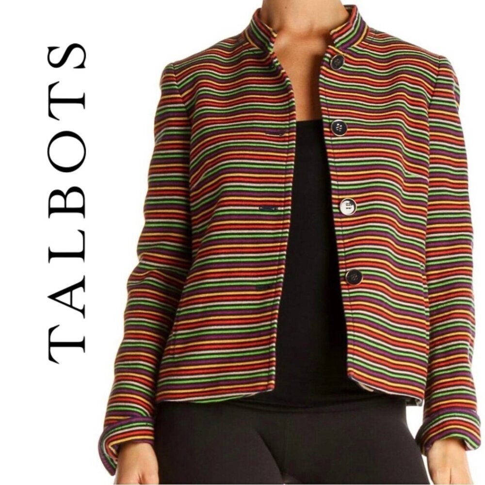 Talbots, Striped Multicolor Button Blazer, Red, Black, Yellow, Purple, Green‎